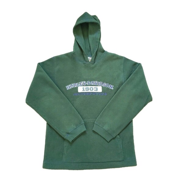 Vintage Y2K Harley Davidson Size S-M Mens Green Embroidered Fleece Hoodie Biker - Picture 1 of 6
